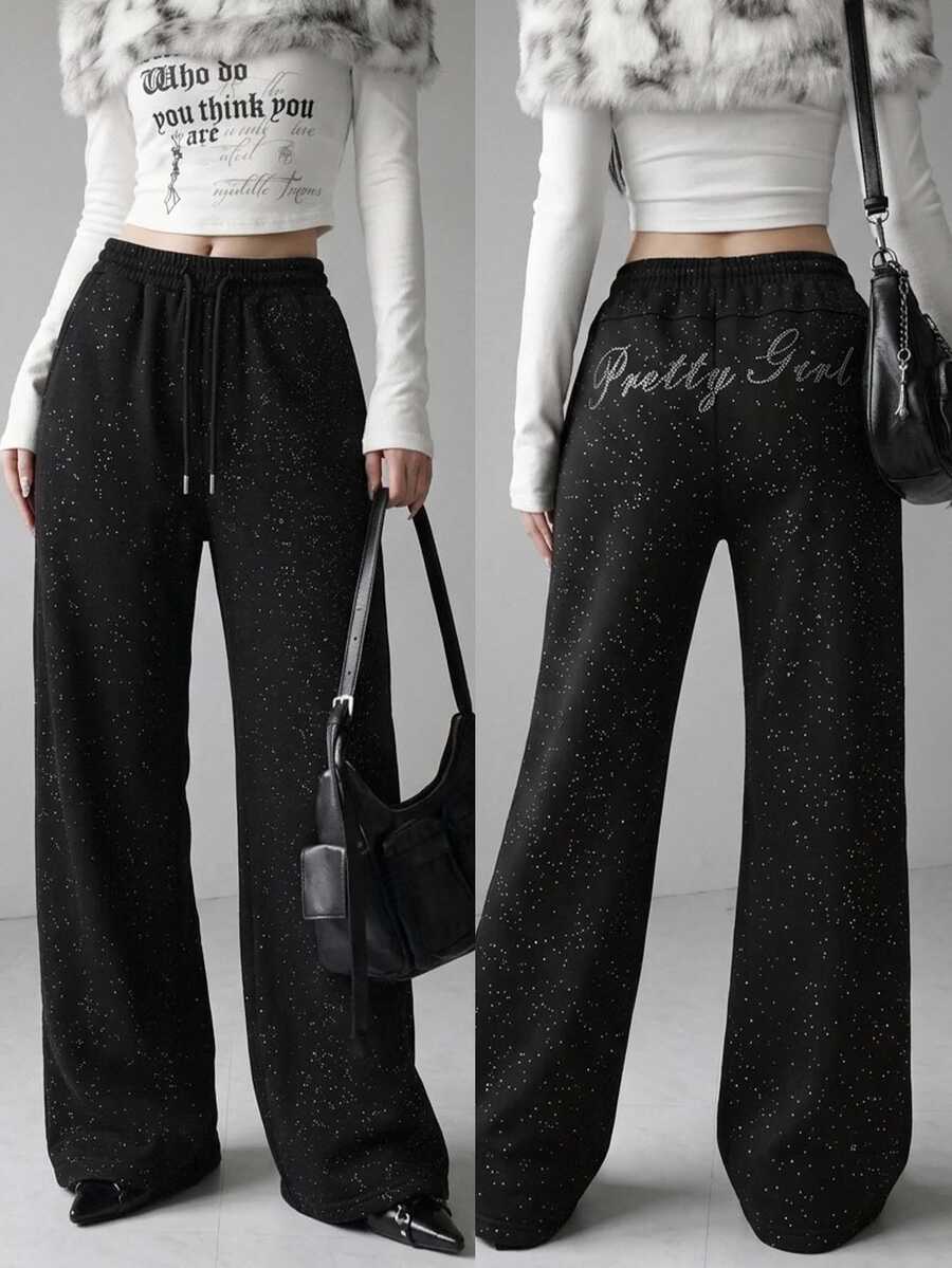 FRIFUL Women's Rhinestone Letter Pattern Drawstring Waist Casual Sweatpants - Black - View 1