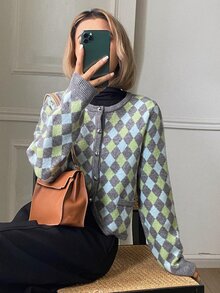 Livesso Áo cardigan nữ màu xanh cổ tròn cài nút dệt vặn thừng tay dài ôm dáng gân tăm, thu/đông - màu xanh lá - Xem 3