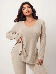 Enliva Plus Size Casual Home 2 Pieces Set: Minimalist Cold Shoulder Ribbed Design, Suitable For Autumn/Winter Wear, Flattering For Curvy Figures - Apricot - View 5