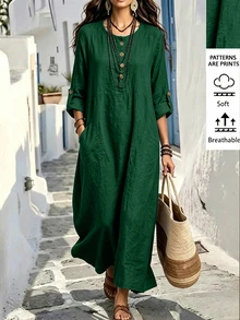 Linhara CURVE New Loose Casual Daily Versatile Navy Blue Solid Color Plus Size Dress Fall - Dark Green - View 3