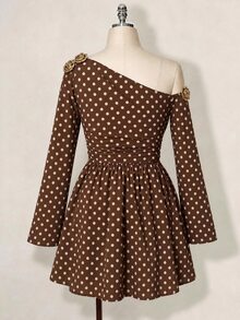 SHEIN ICON Plus Size Y2K Polka Dot Print Long Sleeve Dress - Vintage Casual Slim Fit, Suitable For Spring And Autumn - Brown - View 2