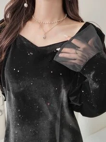FRIFUL Women's Sweetheart Neckline Flare Sleeve Glitter Ruffle Hem Elegant Long Dress - Black - View 7