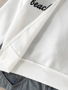 SHEIN 青少年女孩秋冬休閒街頭風白色保暖內裡字母印花拉鍊連帽修身短版運動衫 - 白色 - 查看 6