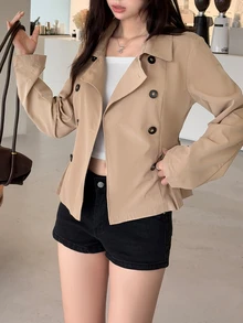 K-Vae Women's Long Sleeve Button-Up Collar Solid Color Casual Trench Coat Jacket - Apricot - View 4