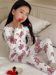 DAZY Girls (Large) V-Neck Casual Floral Print Home Daily Fitted Thermal Top & Pants 2 Pieces Set Loungewear - White - View 4