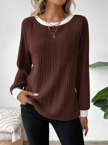 SHEIN LUNE 2024秋冬女款新款美拉德色系圓領運動衫上衣 - 棕色 - 查看 5