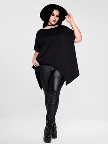 ROMWE Y2K Punk Gothic Plus Size Women Black Asymmetrical Hem Back Lace Patchwork Sexy Sheer Fabric - Black - View 6