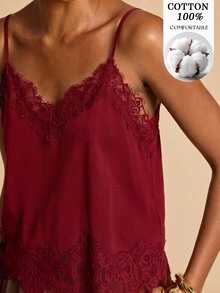 Travachic 女款素色蕾絲拼接時尚休閒細肩帶背心上衣 - 酒紅色 - 查看 1