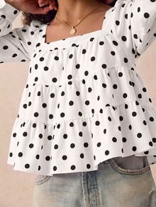 Muvela Áo blouse nữ tay dài họa tiết chấm bi, gấu bèo nhún, phong cách Pháp thanh lịch dễ thương, sang trọng lịch sự, phù hợp đi làm công sở, mùa Thu/Đông, Giáng sinh, tựu trường, đi brunch - Nhiều màu - Xem 3