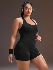Powerista Plus Size Women's Black Backless Halter Neck Sexy Sports Jumpsuit - Black - View 5
