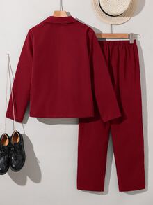 SHEIN 2pcs/Set Kids Tween Boy Summer Casual Academy Cute Gentleman Outfit Solid Color Blazer & Elastic Waist Formal Pants Set Suitable For Birthday Party, Evening Event, Performance, Wedding - Red - View 7