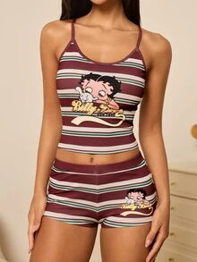 Betty Boop x SHEIN Women's Striped Camisole And Shorts Pajama Set - Brown - View 3