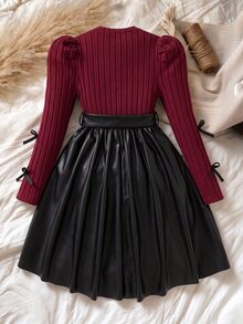 SHEIN 1件少女圓領套頭長袖羅紋刷毛布料拼接碎花下擺洋裝，甜美淑女風，秋季款 - 酒紅色 - 查看 2