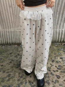 DAZY Women's Bow Print Contrast Lace Trim Drawstring Elastic Waist Loose Wide Leg Casual Vacation Korean Style Spring Autumn Long Sweatpants - White - View 5