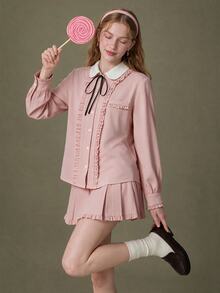 Elnivra Women's Ruffle Button Sweet Blouse And Pleated Mini Skirt 2 Pieces Set - Pink - View 6