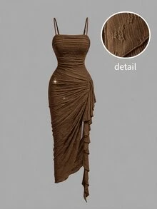 SHEIN MOD 女款純色百褶休閒日常夏季細肩帶中長洋裝 - 棕色 - 查看 4