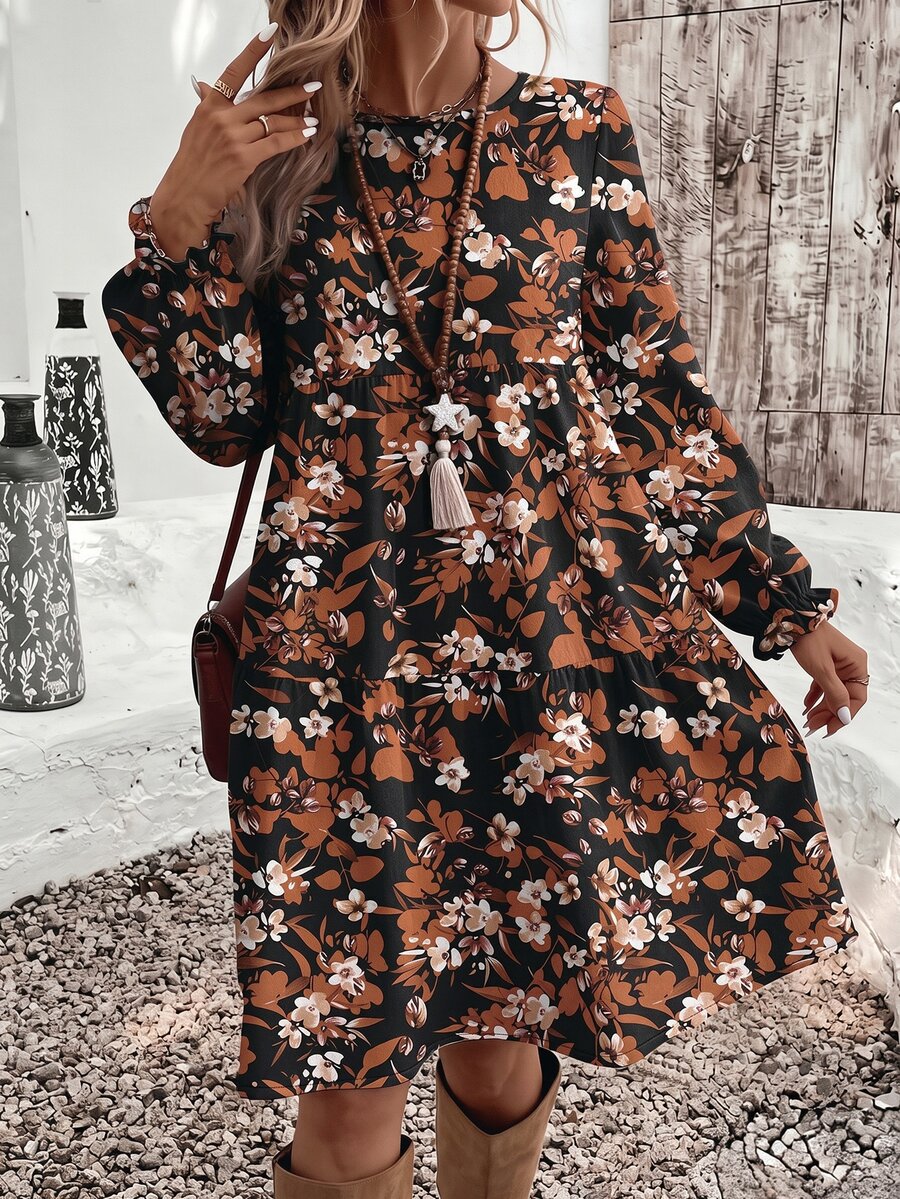 SHEIN VCAY 女款大尺碼長袖迷你洋裝-碎花圖案、燈籠袖-適合休閒、度假與外出穿著的優雅風格-秋冬時尚 - 彩色 - 查看 1