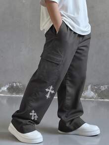 SHEIN Little Byeori 兒童青少年男孩休閒日常舒適工裝直筒寬鬆長褲，灰色工裝褲，新年，六七歲，適合外出、約會、上學，春夏秋冬四季皆宜 - 灰色 - 查看 1