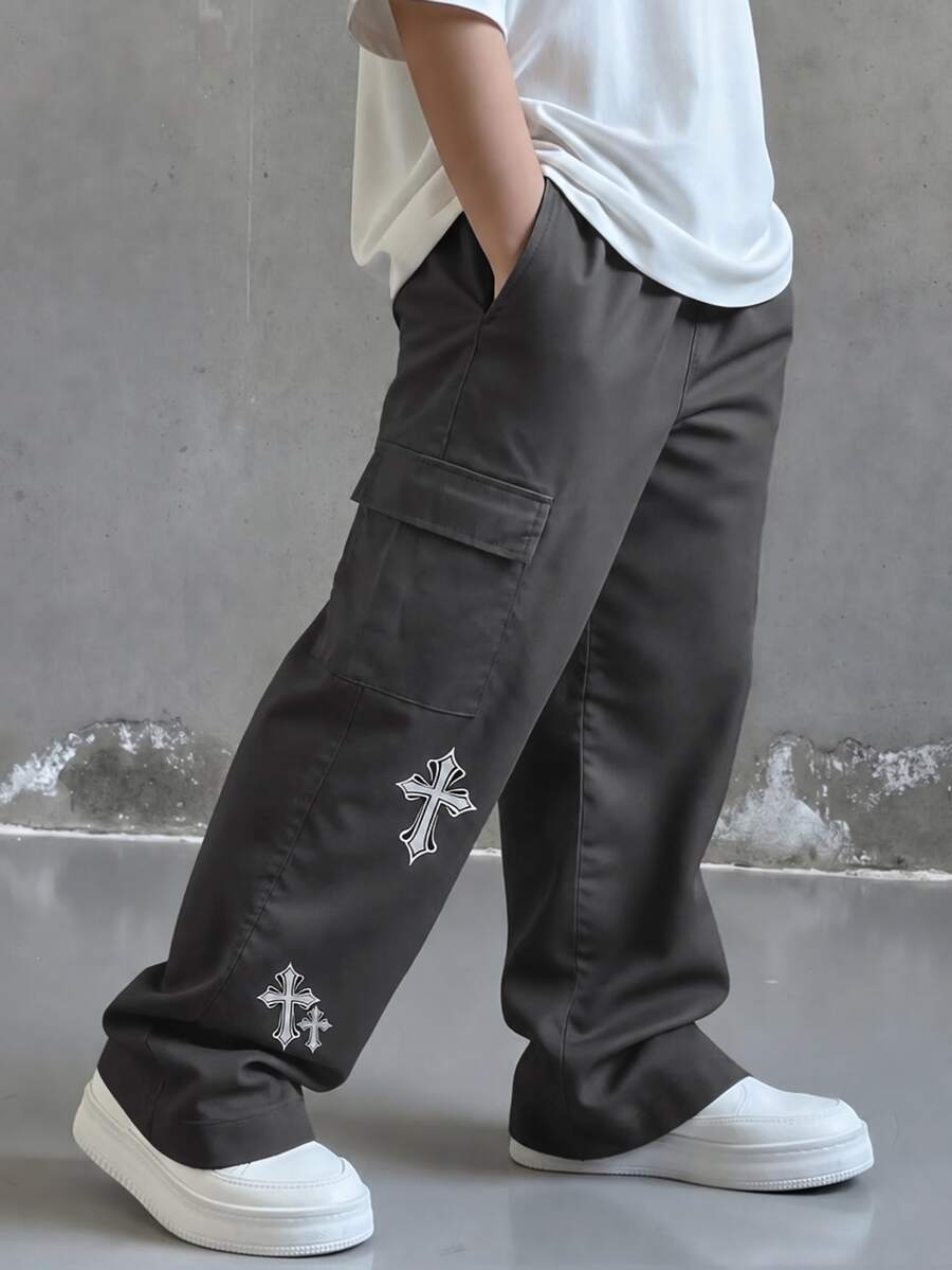 SHEIN Little Byeori 兒童青少年男孩休閒日常舒適工裝直筒寬鬆長褲,灰色工裝褲,新年,六七歲,適合外出、約會、上學,春夏秋冬四季皆宜 - 灰色 - 查看 1