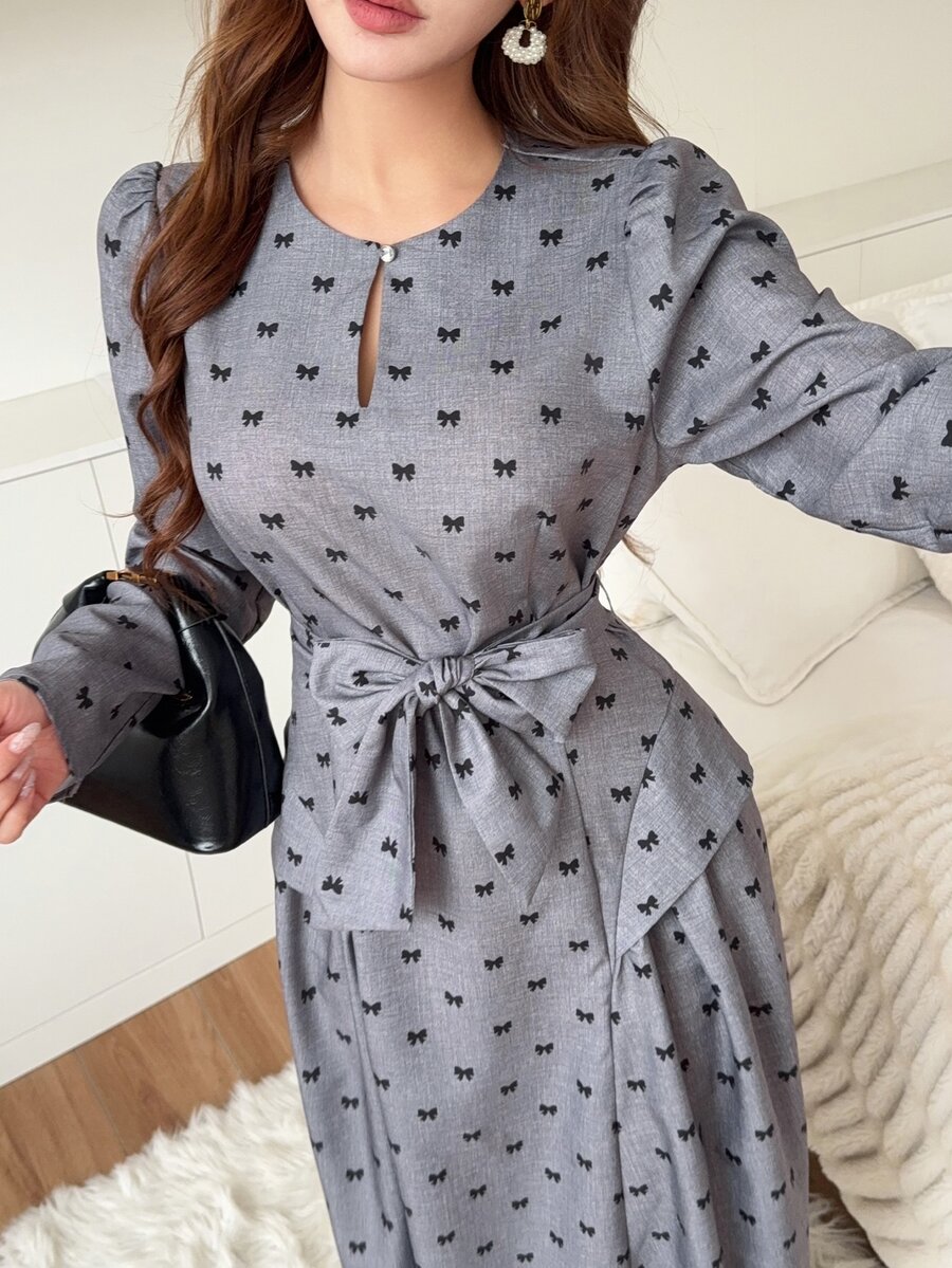 Feyla New French Design Cutout Neckline Waist-Cinching Slimming Elegant Bow Print Dress