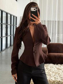 Aloruh Women's Autumn/Winter Blazer, Brown Stand Collar Jacket, Commuter Office Wear - Burgundy - View 6