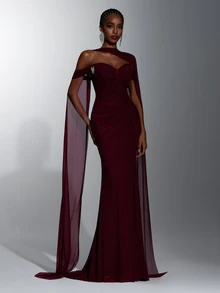Elitara Elegant Romantic Luxury Elastic Knit Cold Shoulder Off-Shoulder Fabric Ruched Sheer Inner Boning Luxury Rhinestone Embellished Abdominal Ruched Bodycon Long Dress With Detachable Train, Suitable For Holiday Celebration Wedding Ball Concert Business Guest Banquet Internet Celebrity Events Women's Heavy Work Evening Gown - Burgundy - View 6