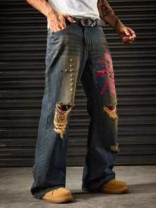 ROMWE MEN Street Life Men's Casual Everyday Jeans With Pocket, Stud Decor And Distressed Design - Blue - View 4