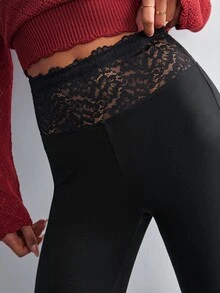 Willow Rêve Women's Black Knitted Flare Pants With Lace Trim - Black - View 5