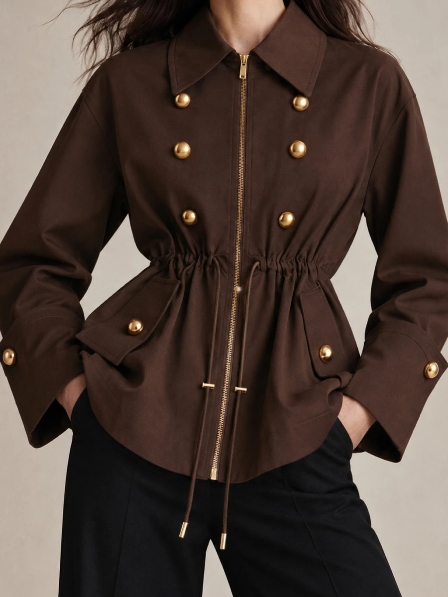 CielaLinda Women's Brown Zip-Up Jacket With Metal Button Placket And Waist Drawstring, Casual Outerwear, Trench - Brown - View 1