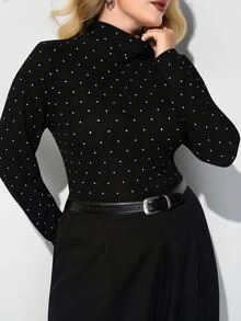 Maija Plus Size Women Polka Dot Print High Neck Long Sleeve Slim Fit Top - Black - View 6