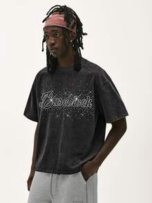 Baseblock Men's Washed Distressed Short Sleeve T-Shirt, English Rhinestone Print, Street Hip-Hop Style, Versatile For Daily Wear, Casual Outfit, Highlighting American Vintage Vibe - Black - View 6