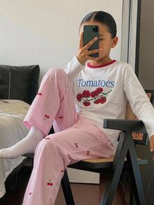 Dazy Kids 對比色圓領圖案印花休閒女童居家服套裝 秋季 - 淺粉色 - 查看 6