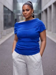 Slaydiva Plus Size Women's Knit Top, Draped Cowl Neck Plus Size Long Sleeve Soft Knitted Blouse - Blue - View 9