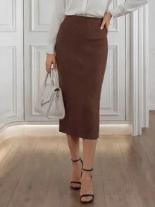 EMERY ROSE تنورة نسائية بلون موحد ضيقة كاجوال أنيقة عصرية متعددة الاستخدامات للعمل والمكتب بلون بني قهوة شتوية - بني - مشاهدة 1
