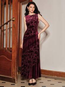 Anewsta Women's Mid-Length Patchwork Velvet Dress, Elegant Holiday Wear, Christmas Dress - Dark Red - View 6