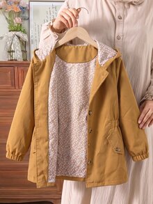 Girls' Casual Fashion Woven Solid Color Long Sleeve Hooded Open Front Single-Breasted Jacket With Decorative Pockets And All-Over Ditsy Floral Lining, Korean Style Versatile - Brown - View 3