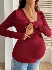 SHEIN 女款 V 領長袖極簡哺乳上衣 - 酒紅色 - 查看 4