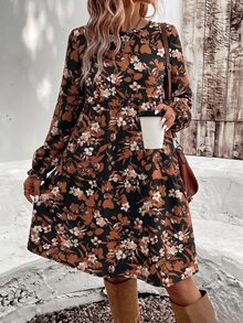 SHEIN VCAY 女款大尺碼長袖迷你洋裝－碎花圖案、燈籠袖－適合休閒、度假與外出穿著的優雅風格－秋冬時尚 - 彩色 - 查看 6