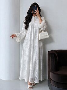 Yasmyna Women's Lace Pleated Casual Party Arabian Dress - White - View 6