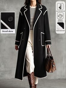 LUMIGAL Women's Autumn/Winter Lapel Neck Long Sleeve Trimmed Casual Overcoat - Black and White - View 1