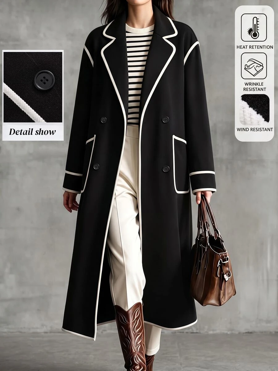 LUMIGAL Women's Autumn/Winter Lapel Neck Long Sleeve Trimmed Casual Overcoat - Black and White - View 1