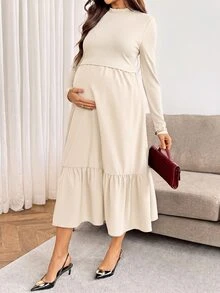 SHEIN Nursing Long Sleeve Minimalist Pleated Dress - Apricot - View 9