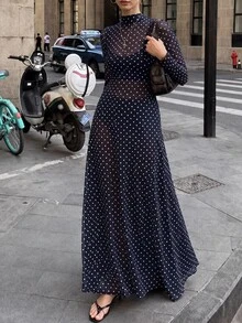 Freevana 大尺碼波點長袖透視韓風洋裝 - 藏蓝色 - 查看 3