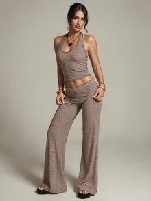 SHEIN Tall Women's Tall Two Pieces Set: Brown Halter Top And Trousers – Casual, Work-Ready, And Vacation - Brown - View 5