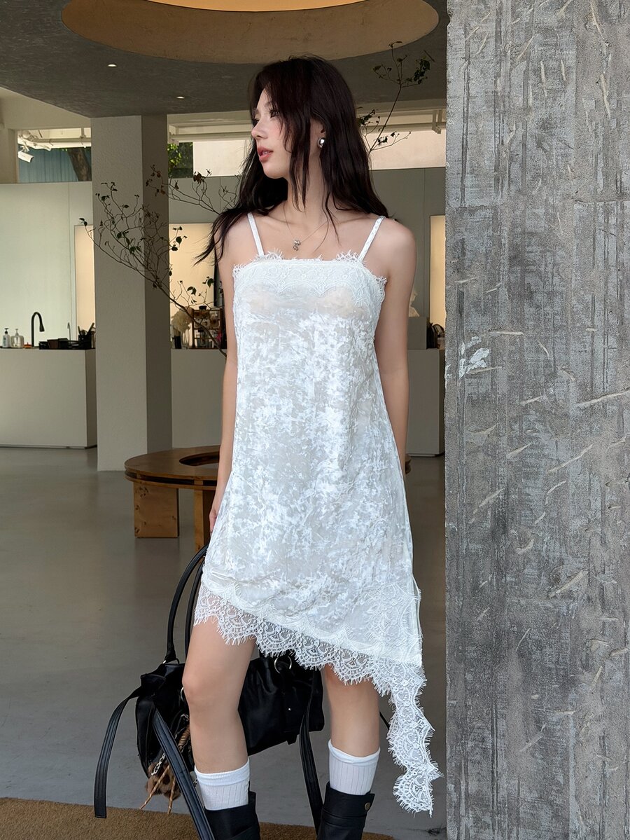 K-Vae Velvet Lace Asymmetrical Hem Cami Mini Dress - White - View 1