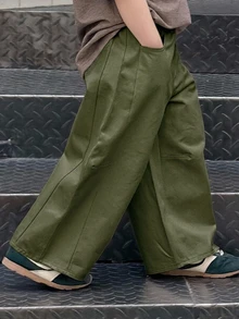 Dazy Kids 小男孩純色寬腿鬆垮休閒百搭長褲 - 軍綠色 - 查看 2