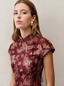 Nöista Women's New Chinese Style Short Top With Slanted Collar And Stand-Up Collar - Burgundy - View 3