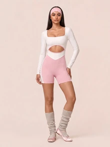 SHEIN BAE بدلة رياضية نسائية بياقة مربعة وأكمام طويلة عصرية - أبيض - مشاهدة 6