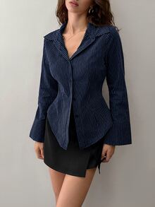 Sweetra 女款鈕扣開襟長袖條紋休閒商務襯衫女裝上衣 - 藏蓝色 - 查看 6