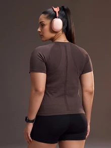 Powerista Women's Plus Size Round Neck Silver Reflective Foil Print Brown Slim Fit High Elastic Seamless Short Sleeve Sports T-Shirt - Brown - View 4